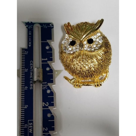 Adorable Owl Gold Tone Safety Pin Brooch With Rhinestone Black Onyx - Picture 4 of 7